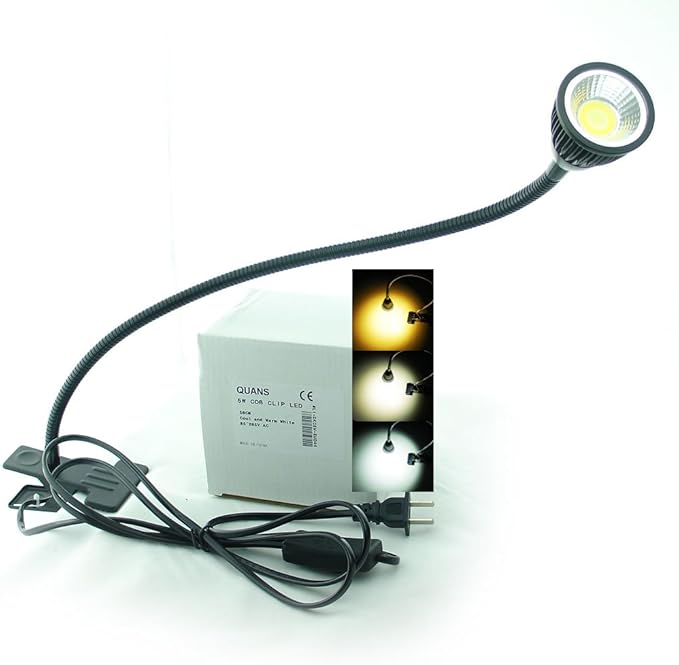 5W 3 Colors LED COB Clip on Light Black 19.68 INCH 50 CM Tube Desk Flexible Table Bed Lamp Work Home Design lighting 110V 220V 85-265VAC with US Plug switch on off 500LM (Black) - LeafyLoom