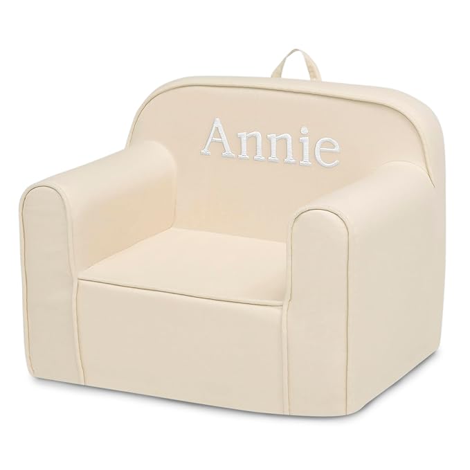 Delta Children Personalized Cozee Chair - Customize with Name – Foam Kids Chair for Ages 18 Months and Up, Oatmeal - LeafyLoom