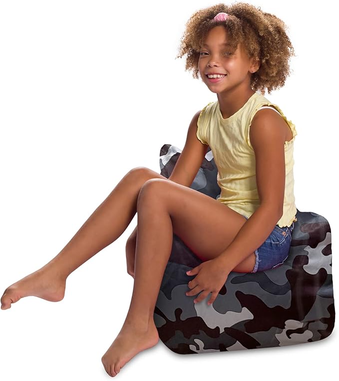 Posh Creations Structured Comfy Bean Bag Chair for Gaming, Reading and Watching TV, Pasadena Chair, Nylon - Camo Dark and Black Gray - LeafyLoom