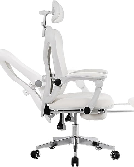Ergonomic Office Chair with Footrest, Mesh Home Office Desk Chair with Adjustable Lumbar Support and Headrest, Comfortable Gaming Computer Chair for Study Work(Cream) - LeafyLoom