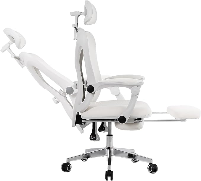 Ergonomic Office Chair with Footrest, Mesh Home Office Desk Chair with Adjustable Lumbar Support and Headrest, Comfortable Gaming Computer Chair for Study Work(Cream) - LeafyLoom