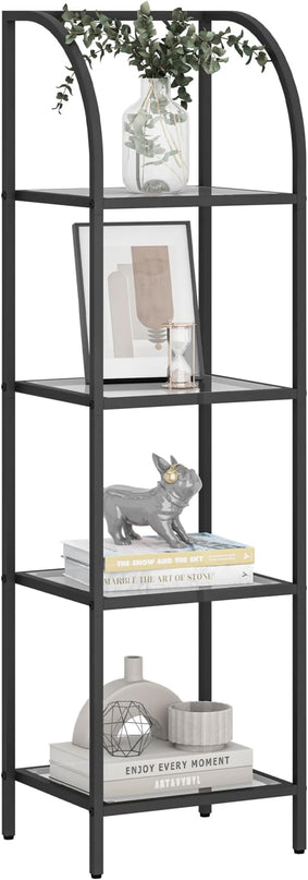 Bookcase Bookshelf, Tempered Glass Arched Bookshelf for More Storage, Slim Shelving Unit for Bedroom, Bathroom, Home Office, Steel Frame, 4 Tier Black BC20499B - LeafyLoom