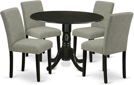 East West Furniture DLAB5-BLK-06 5 Piece Dinette Set for 4 Includes a Round Dining Room Table with Dropleaf and 4 Shitake Linen Fabric Parsons Dining Chairs, 42x42 Inch, Black - LeafyLoom