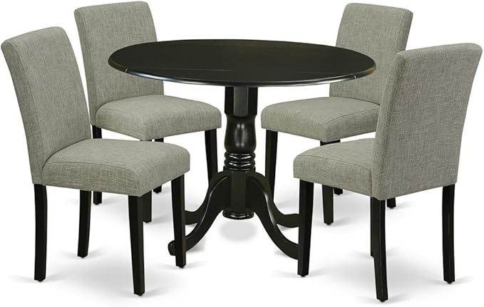 East West Furniture DLAB5-BLK-06 5 Piece Dinette Set for 4 Includes a Round Dining Room Table with Dropleaf and 4 Shitake Linen Fabric Parsons Dining Chairs, 42x42 Inch, Black - LeafyLoom
