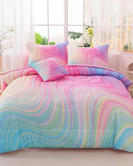 Girls Full Bedding Sets, 6 Pcs Pink Full Szie Comforter Set with Sheets, Tie Dye Superior Blue Pink Rainbow Bedding Set for Girls Kids - LeafyLoom