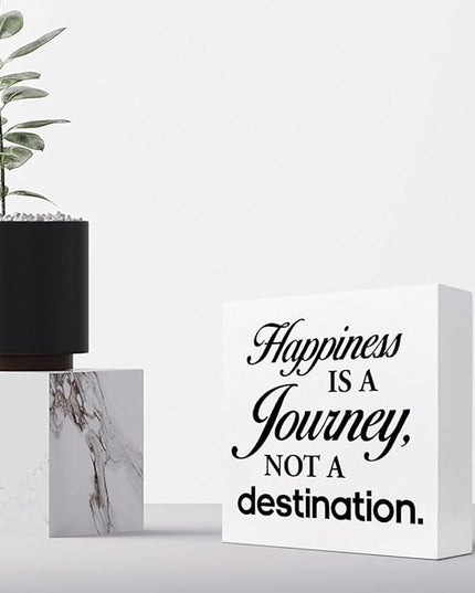 Motivational Wood Box Sign Desk Decor,Happiness is a Journey not a Destination Wood Plaque Signs,Rustic Wooden Block Sign Decor for Home Office Shelf Table Decoration C1081 - LeafyLoom