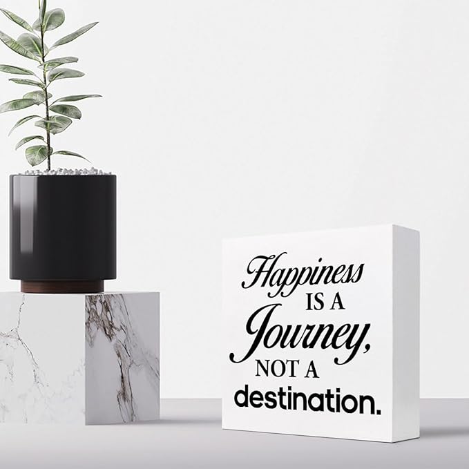 Motivational Wood Box Sign Desk Decor,Happiness is a Journey not a Destination Wood Plaque Signs,Rustic Wooden Block Sign Decor for Home Office Shelf Table Decoration C1081 - LeafyLoom