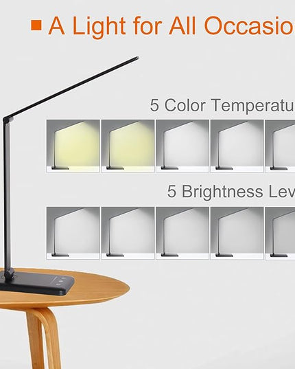 LED Desk Lamp,Eye-Caring Table Lamps,Stepless Dimmable Office Lamp with USB Charging Port,Touch/Memory/Timer Function,25 Brightness Lighting,Foldable Lamp for Reading,Studying,Working - LeafyLoom