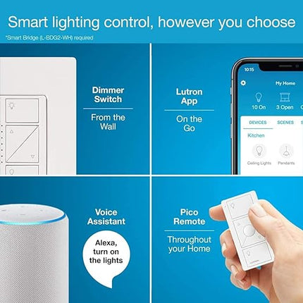 Lutron Caseta Original Smart Dimmer Switch (Lutron Smart Hub Required), for LED Lights, 150 Watt, Single-Pole/3-Way, No Neutral Required, PD-6WCL-IV, Ivory Lutron