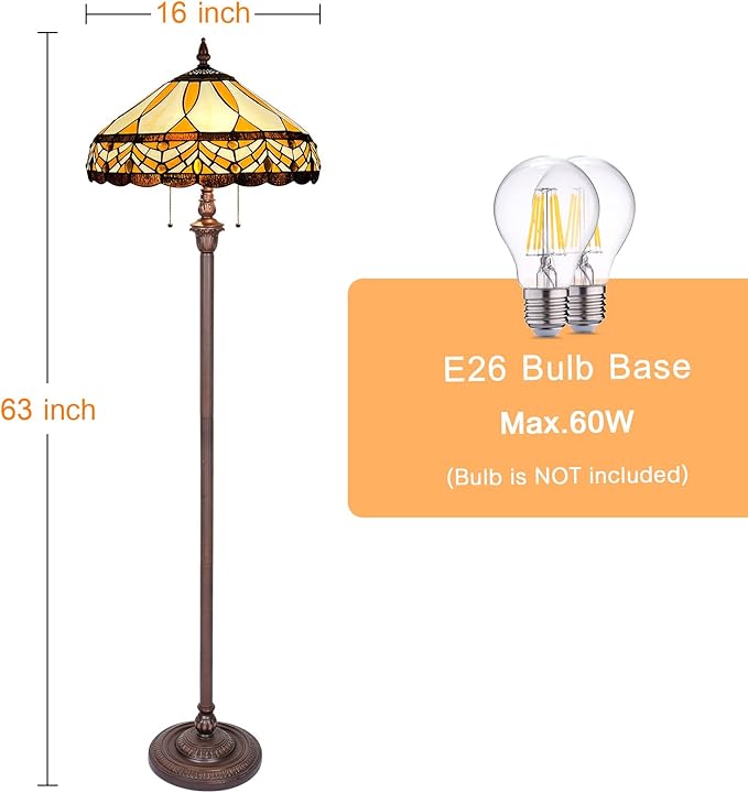 Capulina Tiffany Floor Lamp Amber Melody Antique Style Stained Glass Standing Reading Light 2-Light 16X16X66 Inches for Living Room Bedroom Home Office - LeafyLoom