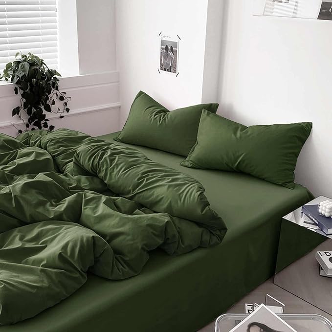 Dark Olive Green Full Comforter Set - 3 Piece Aesthetic Modern Bedding Set - All Season Farmhouse Soft & Lightweight Microfiber Down Alternative Comforter Bed Set with 2 Pillow Shams for Women Men - LeafyLoom