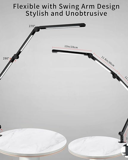 LED Desk Lamp with Clamp Flexible 4 sections Swing Arm Three light sources desk light, 4 Color Modes & 5 Brightness, Eye Caring Led table light with Memory Function for table lamps for office - LeafyLoom