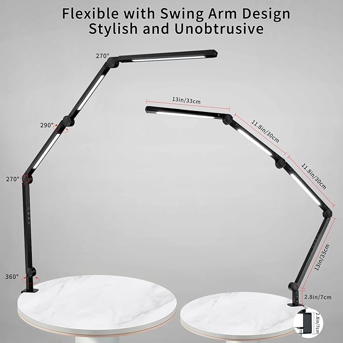 LED Desk Lamp with Clamp Flexible 4 sections Swing Arm Three light sources desk light, 4 Color Modes & 5 Brightness, Eye Caring Led table light with Memory Function for table lamps for office - LeafyLoom