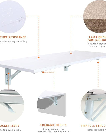 Folding Wall Desk, Wall Desk Fold Down Wall Mounted Desk for Small Space, Floating Desk, White, 35.4 x 15.8 inch - LeafyLoom