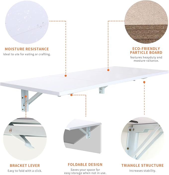 Folding Wall Desk, Wall Desk Fold Down Wall Mounted Desk for Small Space, Floating Desk, White, 35.4 x 15.8 inch - LeafyLoom