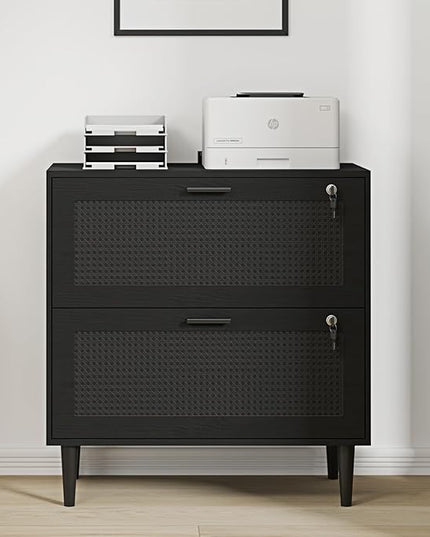 2 Drawer File Cabinet, Lateral File Cabinet with Lock, Rattan Wood Filing Organization Cabinet for Home Office, Black - LeafyLoom