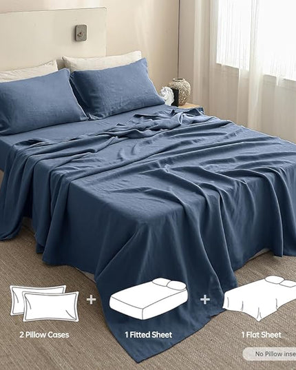 Simple&Opulence 100% Linen Sheet Set Solid Color-4 Pcs Washed French Linen Bed Sheets-Breathable Bedding Set-1 Flat Sheet,1 Fitted Sheet,2 Pillowcases (Full,Blue) - LeafyLoom