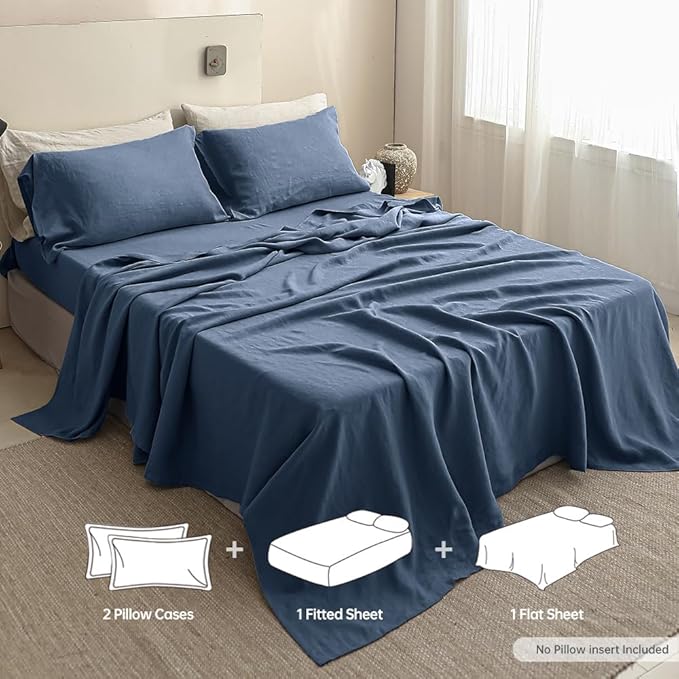 Simple&Opulence 100% Linen Sheet Set Solid Color-4 Pcs Washed French Linen Bed Sheets-Breathable Bedding Set-1 Flat Sheet,1 Fitted Sheet,2 Pillowcases (Full,Blue) - LeafyLoom