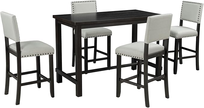 5 Piece Counter Height Dining 4 Person, Classic Elegant Home Kitchen Table Farmhouse Dinette Set Included Four Padded Backrest Chairs, Espresso+White - LeafyLoom