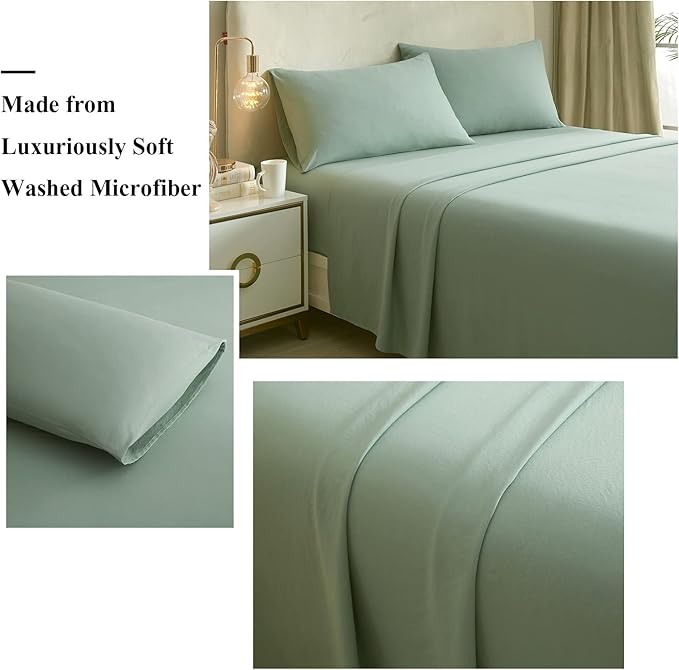 HighBuy Twin Bed Sheets Set - 3 Piece Bedding - Sage Green Washed Microfiber Sheets Twin,Breathale Sheets Shrinkage and Fade Resistant - Deep Pocket 16 Inch - Easy Fit Fitted Sheet,Pillowcases Set - LeafyLoom