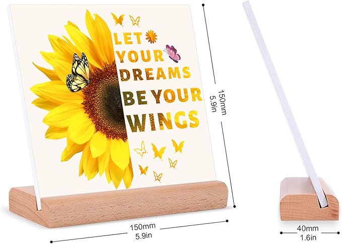 TIKTREE Inspirational Gifts for Women, Let Your Dreams Be Your Wings Positive Sign, Sunflower Motivational Gifts, Cheer Up Gifts for Women, Home Office Desk Decor with Wood Base - LeafyLoom