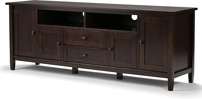 SIMPLIHOME Warm Shaker SOLID WOOD Universal TV Media Stand, 72 Inch Wide, Farmhouse Rustic, Living Room Entertainment Center, for Flat Screen TVs up to 80 Inch in Tobacco Brown - LeafyLoom