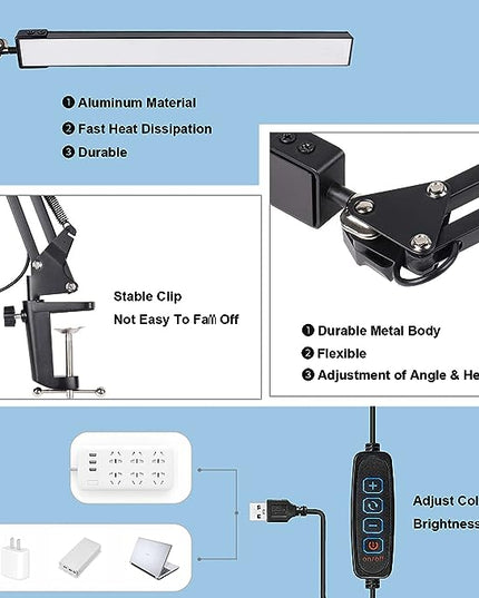 LED Desk Lamp for Home,Office,Reading,Adjustable Eye-Caring Desk Light with Clamp,Swing Arm Lamp Includes 3 Color Modes,10 Brightness Levels Table Lamps with Memory Function - LeafyLoom