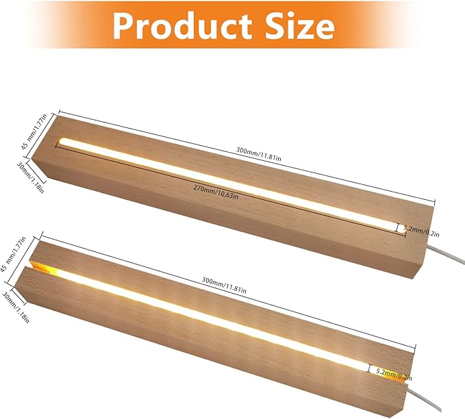 2Pcs 11.8" Rectangle Wooden Display Stand, Warm Light Wooden Lighted Base Wood Rectangle Led Display Pedestal Wood Night LED Light Lamp Base for Crystal Glass Resin Art - LeafyLoom