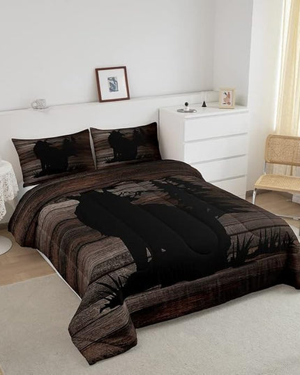 Cute Wolf Comforter Set for Girls Kids Wolves Howling Bedding Set Room DecorAnimal Wolves Tree Wood Grain Bedding Set Brown Black Duvet Set 3Pcs with 2 Pillow Case Queen Size Boys - LeafyLoom
