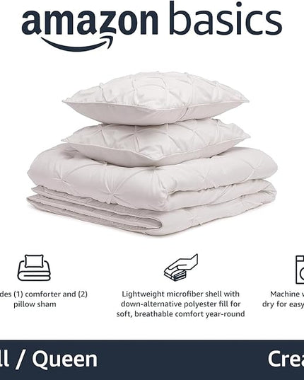 Amazon Basics All-Season Down-Alternative 3 Piece Comforter Bedding Set, Full/Queen, Cream, Pinch Pleat With Piped Edges - LeafyLoom