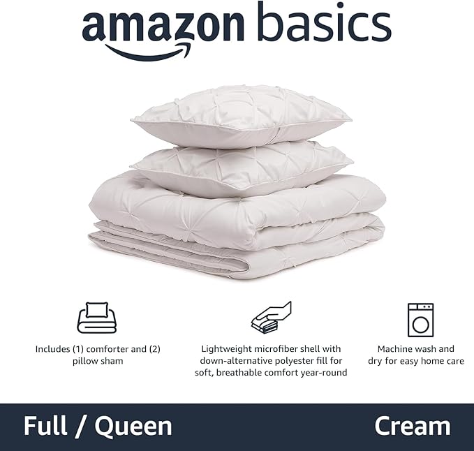Amazon Basics All-Season Down-Alternative 3 Piece Comforter Bedding Set, Full/Queen, Cream, Pinch Pleat With Piped Edges - LeafyLoom