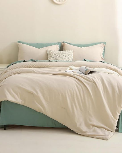 MILDLY Full Size Comforter Set 7 Piece Color Clash, Khaki Bed in a Bag, All Season Bedding Sets with 1 Comforter, 2 Pillow Shams, 2 Pillowcases, 1 Flat Sheet, 1 Fitted Sheet - LeafyLoom