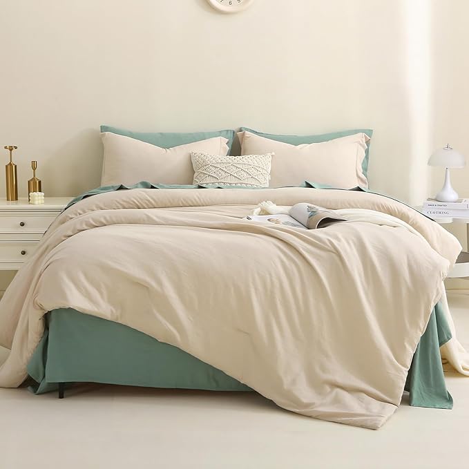 MILDLY Full Size Comforter Set 7 Piece Color Clash, Khaki Bed in a Bag, All Season Bedding Sets with 1 Comforter, 2 Pillow Shams, 2 Pillowcases, 1 Flat Sheet, 1 Fitted Sheet - LeafyLoom