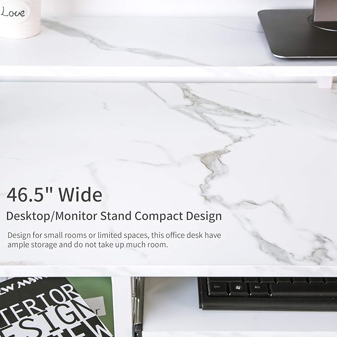 TOPSKY Compact Computer Desk with Storage Shelves/Keyboard Tray/Monitor Stand Study Table for Home Office (White marble texture., 46.5 * 19 inch) - LeafyLoom