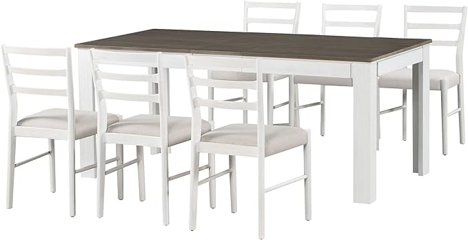 7 Piece Modernization Wooden Set Mutifunctional Extendable Table with 12” Leaf and 2 Drawers, 6 Chairs with Soft Cushion, for Dining Room, Expresso+White - LeafyLoom