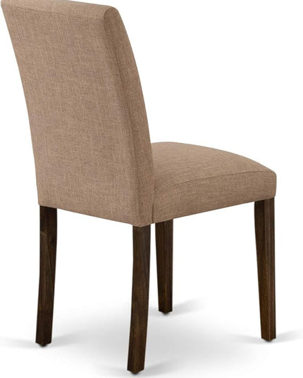 East West Furniture F3AB5-747 Ferris 5 Piece Modern Dining Set Includes a Round Wooden Table with Pedestal and 4 Light Sable Linen Fabric Upholstered Chairs, 48x48 Inch - LeafyLoom