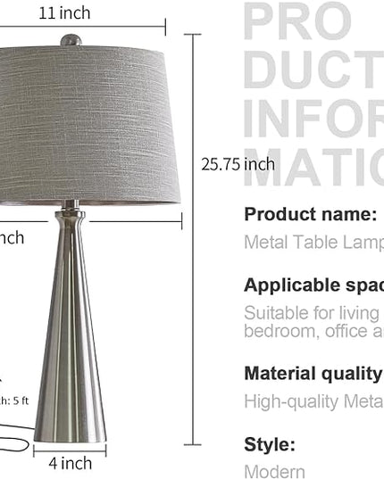 Oneach 25.75" Table Lamps Set of 2 for Living Room Bedroom, Bedside Lamp 3-Way Dimmable Touch Control, Modern Silver Nightstand Light Fabric Shade Vintage Accent Style - LeafyLoom