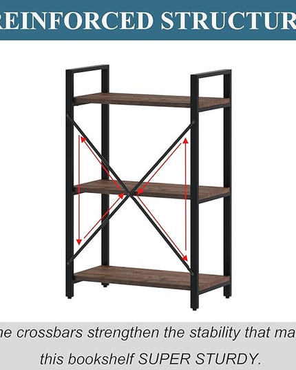 BON AUGURE 3 Tier Industrial Bookshelf, Office Small Open Book Shelf for Small Space, Short Wooden Etagere Bookcase (Rustic Oak) - LeafyLoom