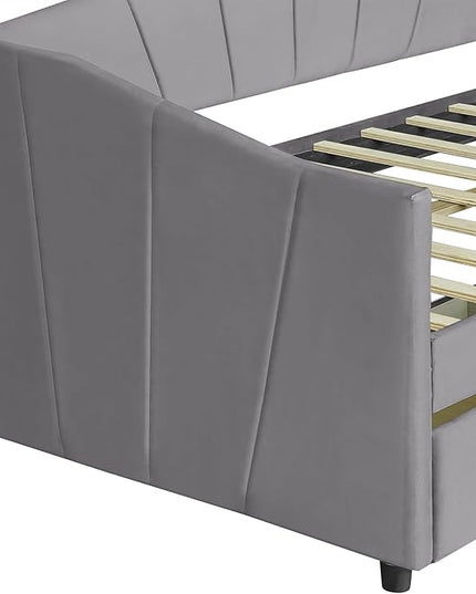 Twin Size Upholstered Daybed with Two Drawers, Wood Slat Support Sofa Bed with Armrest, No Box Spring Needed, Easy to Assemble, for Studio, Bedroom, Living, Guest Room, Gray - LeafyLoom