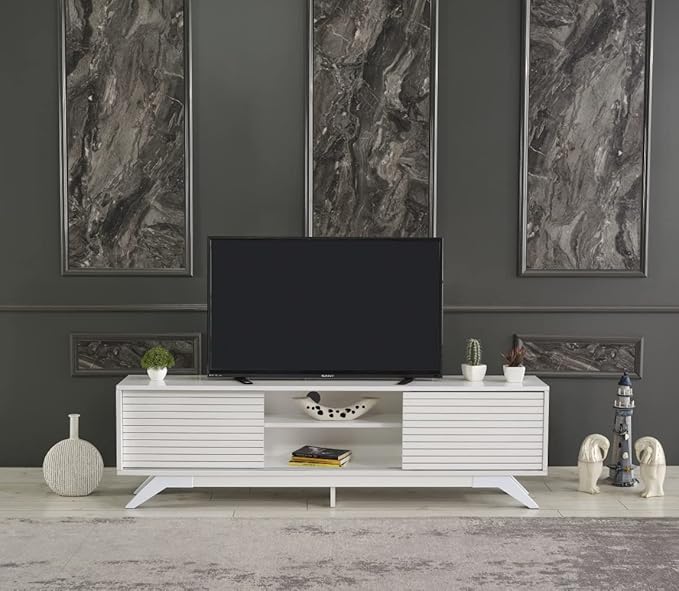 NicBex TV Stand for 60 Inch TV Modern TV Media Console Table with 2 Sliding Door Cabinet 2 Shelves,Entertainment Center with Storage for Living Room,67 Inch,White - LeafyLoom