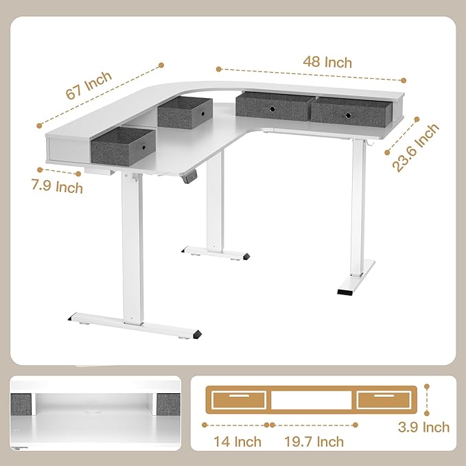 L Shape Standing Desk, 67 * 48 Inches Adjustable Height Standing Desk with 4 Drawers, Corner Electric Standing Desk with Monitor Stand for Home Office, Snow White - LeafyLoom