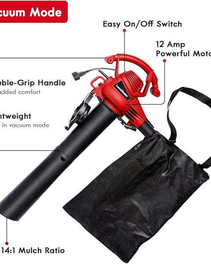 LawnMaster Red Edition BV1210 1201 Electric Blower Vacuum Mulcher 12 Amp 2-Speed Adjustment with Metal Impeller 240 MPH 380 CFM 14:1 Mulch Ratio - LeafyLoom