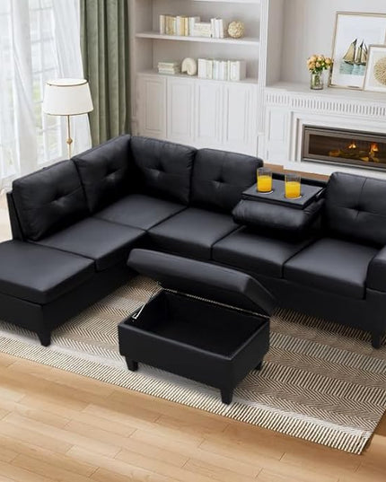 Sectional Couch L Shaped Sofa with Storage Ottoman, Cup Holders, Modern Upholstered Corner Couch&Sofa with Chaise Lounge for Living Room Furniture Sets, Black pu - LeafyLoom