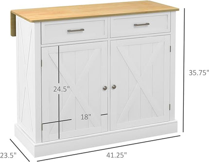 HOMCOM Rolling Kitchen Island with Drop Leaf Wood Breakfast Bar, Farmhouse Kitchen Cart with 2 Drawers, Adjustable Shelves for Dining Room, White - LeafyLoom