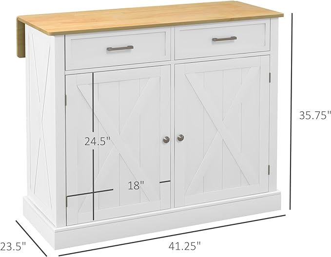 HOMCOM Rolling Kitchen Island with Drop Leaf Wood Breakfast Bar, Farmhouse Kitchen Cart with 2 Drawers, Adjustable Shelves for Dining Room, White - LeafyLoom
