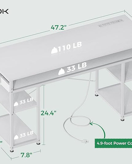 AODK 48 Inch Small Computer Desk with Power Outlets, Writing Desk with Storage Shelves Headphone Hook, Student Laptop PC Desks for Small Spaces Home Office, White - LeafyLoom