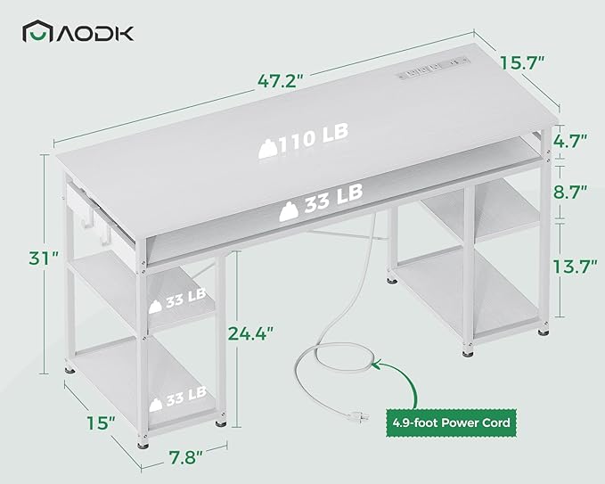 AODK 48 Inch Small Computer Desk with Power Outlets, Writing Desk with Storage Shelves Headphone Hook, Student Laptop PC Desks for Small Spaces Home Office, White - LeafyLoom