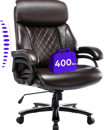 Big and Tall Office Chair 400lbs-Heavy Duty Executive Desk Chair with Extra Wide Seat, High Back Ergonomic Leather Computer Chair with Tilt Rock&Tension, Padded Armrests-Diamond Brown - LeafyLoom