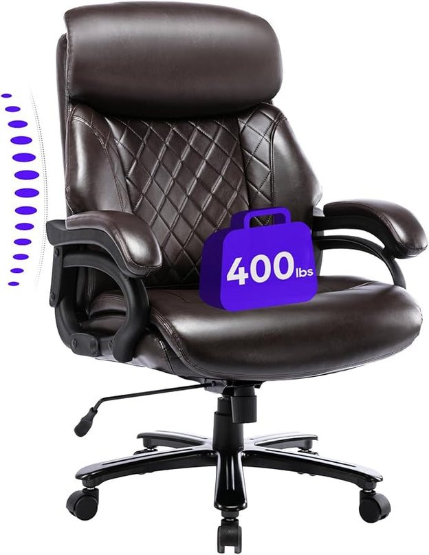 Big and Tall Office Chair 400lbs-Heavy Duty Executive Desk Chair with Extra Wide Seat, High Back Ergonomic Leather Computer Chair with Tilt Rock&Tension, Padded Armrests-Diamond Brown - LeafyLoom