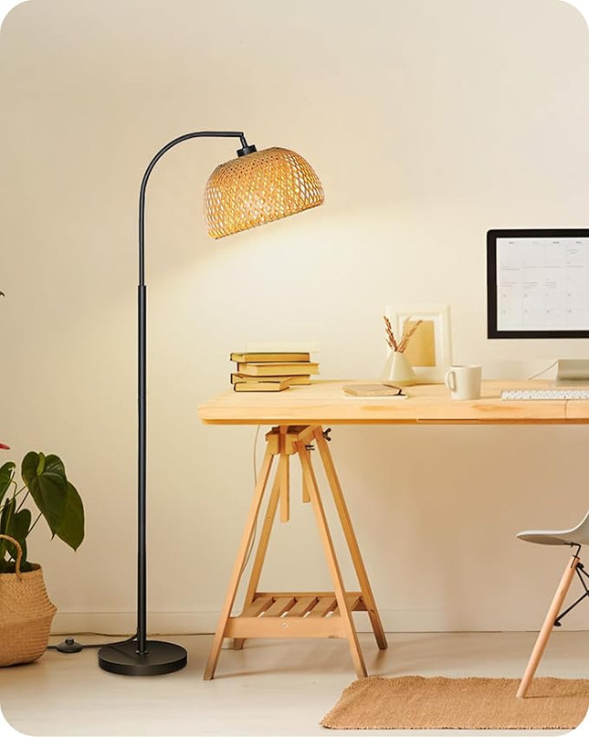Boho Floor Lamp, Dimmable Floor Lamp, Bamboo Shade Corner Floor Lamp, Reading Lamp Height Adjustable with Remote, for Living Room, Bedroom, Study Room, 10W LED Bulb Included, Black B9LD05 - LeafyLoom